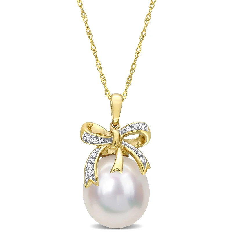 long chain pendant necklace for women -Miadora 1/10 CT Diamond 12-12.5mm White South Sea Cultured Pearl Fashion Pendant with Chain 10k Yellow Gold