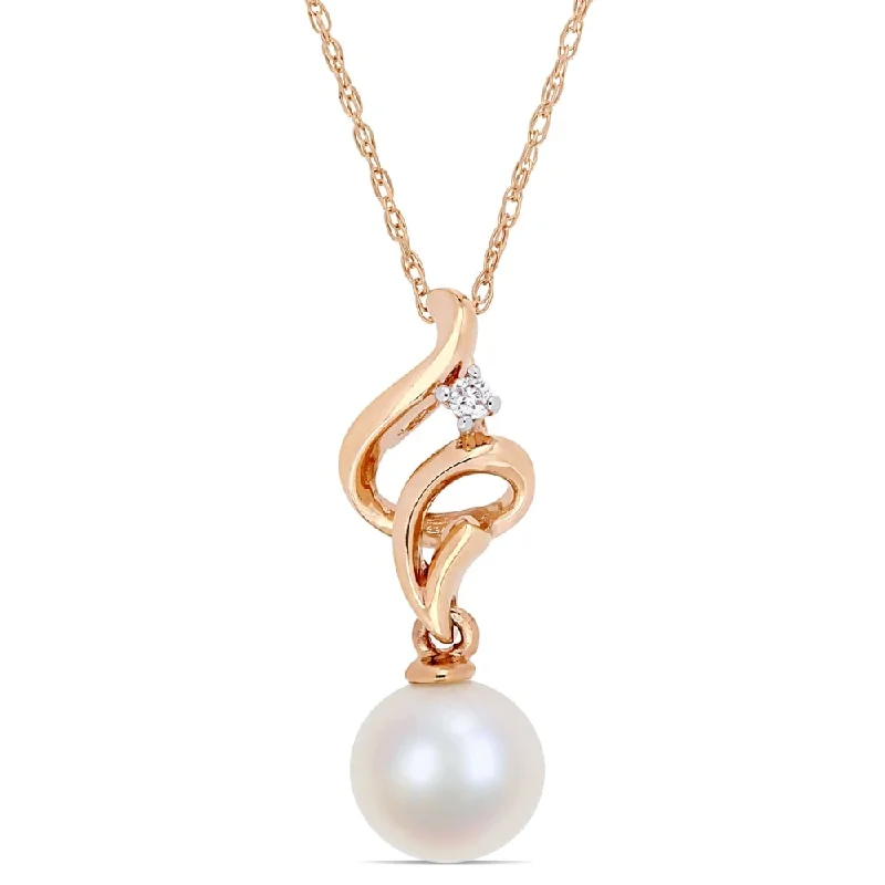 personalized initial pendant necklace for women -Miadora 10k Rose Gold Cultured Freshwater Pearl & Diamond Swirl Drop Necklace (7-8 mm)