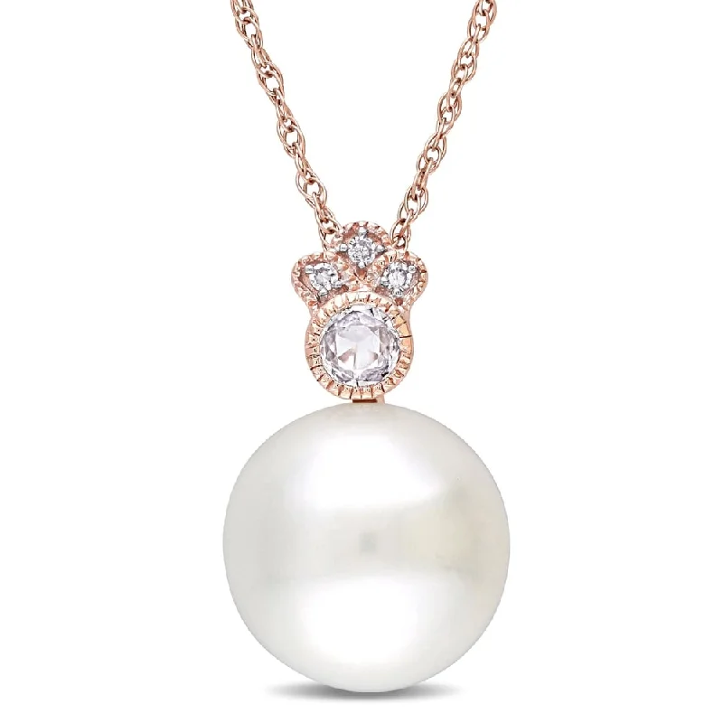 custom birthstone necklace for women -Miadora 10k Rose Gold Cultured FW Pearl, White Sapphire & 1/10ct TDW Diamond Necklace (9.5-10 MM)