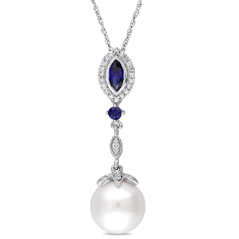 celestial moon necklace for women -Miadora 10k White Gold Cultured Freshwater Pearl Created Sapphire & 1/7ct TDW Diamond Halo Marquise Necklace (10-10.5 mm)