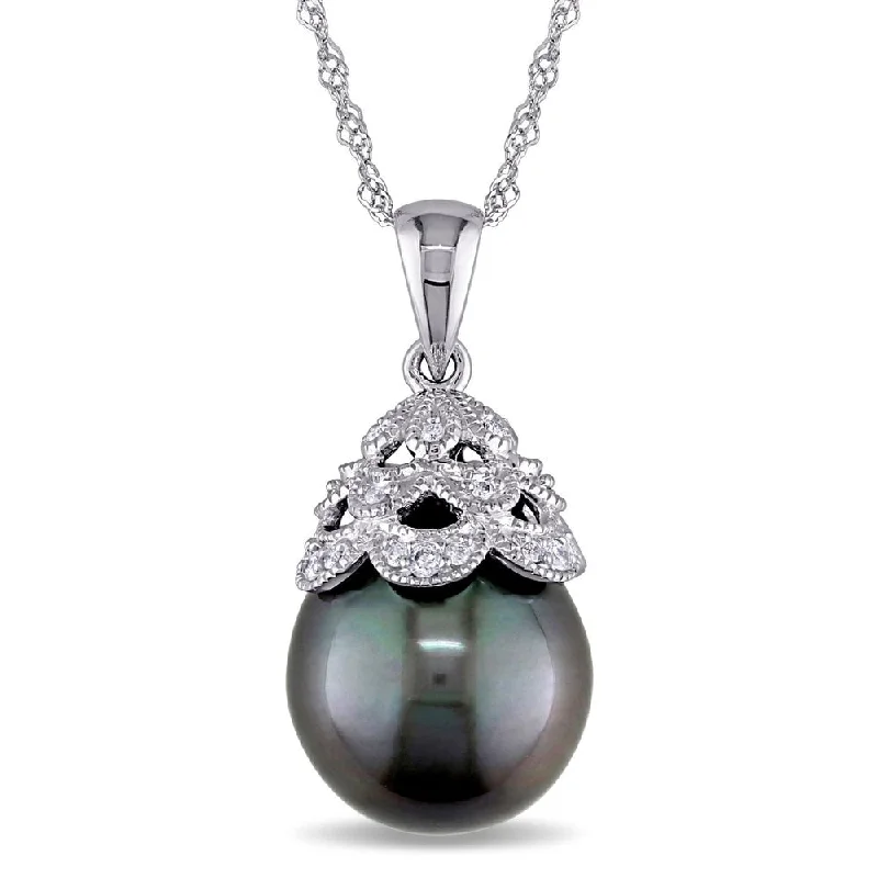 diamond heart pendant necklace for women -Miadora 10k White Gold Tahitian Pearl and Diamond Necklace