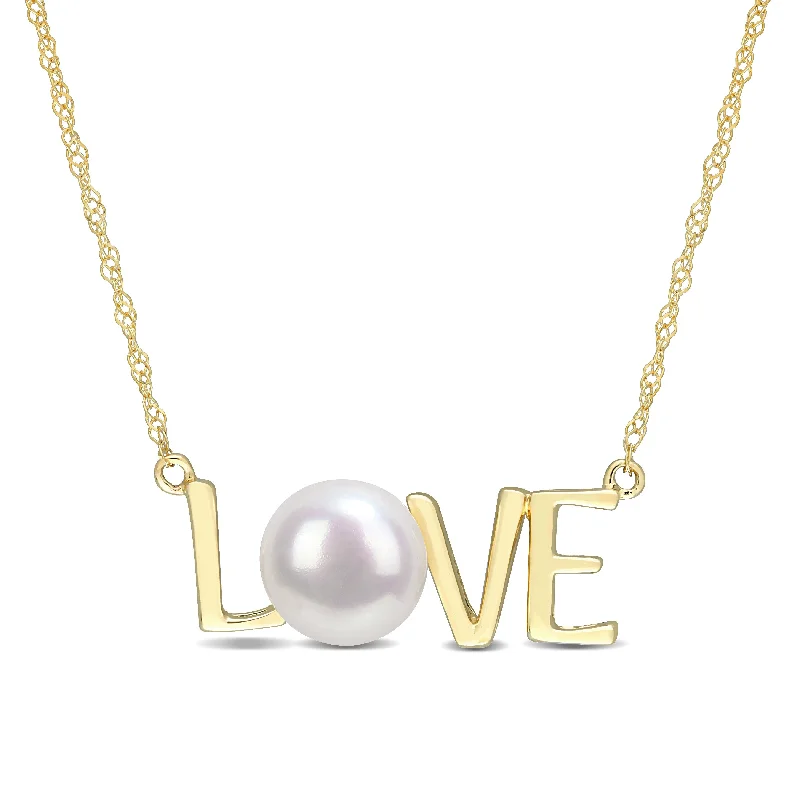 sapphire pendant necklace for women -Miadora 10k Yellow Gold Cultured Freshwater Pearl "LOVE" Station Necklace (7-7.5mm)