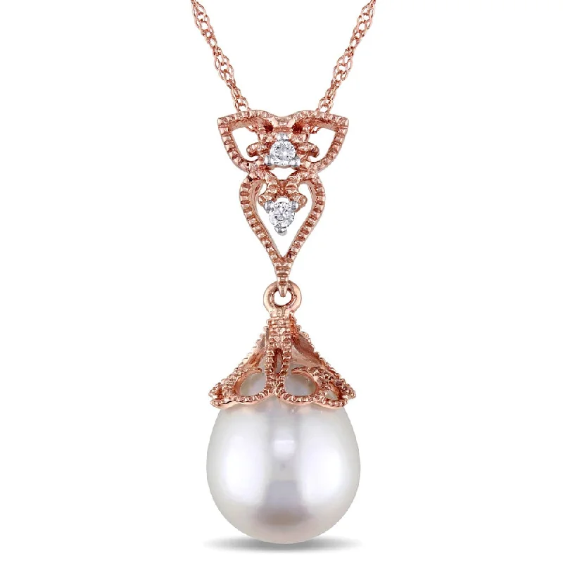 custom engraved heart pendant necklace -Miadora 14k Rose Gold White Cultured Freshwater Pearl and Diamond Accent Filigree Drop Necklace (9-9.5 mm)