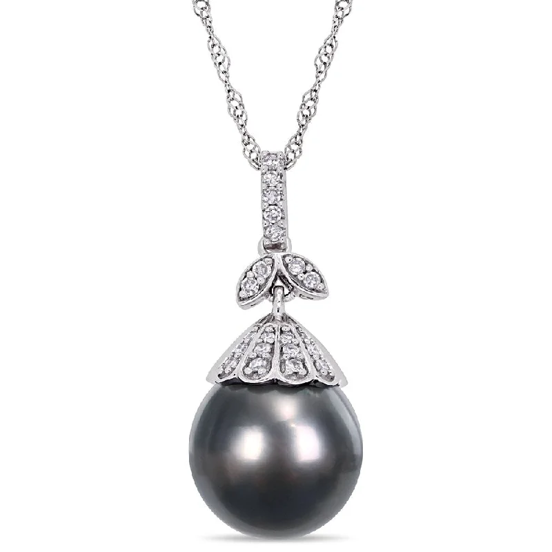 gold pendant necklace with initials -Miadora 14k White Gold Black Tahitian Cultured Pearl 1/10ct TDW Diamond Pearl Drop Necklace (10-11mm)