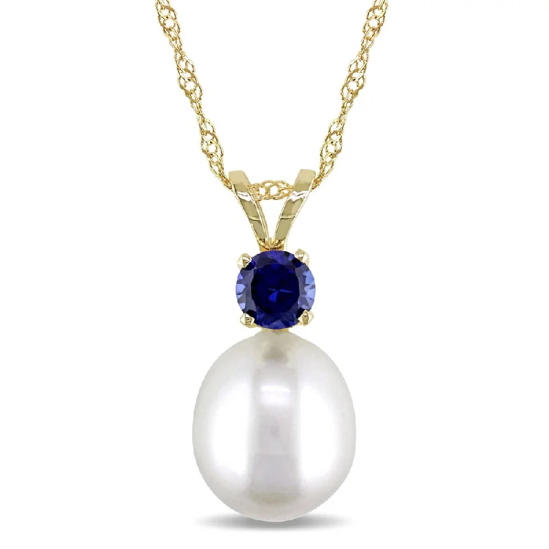 trendy crystal necklace for women -Miadora 14k Yellow Gold Cultured Freshwater Pearl and Sapphire Necklace (8-8.5mm) - White