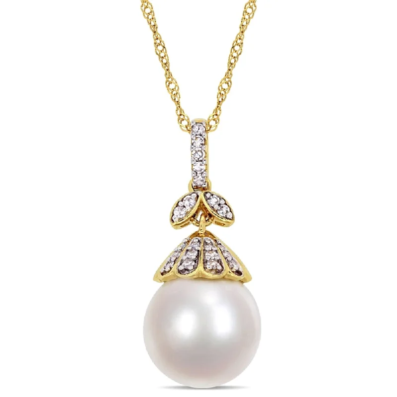 silver teardrop necklace for women -Miadora 14k Yellow Gold White South Sea Cultured Pearl 1/10ct TDW Diamond Drop Necklace (10-11mm)