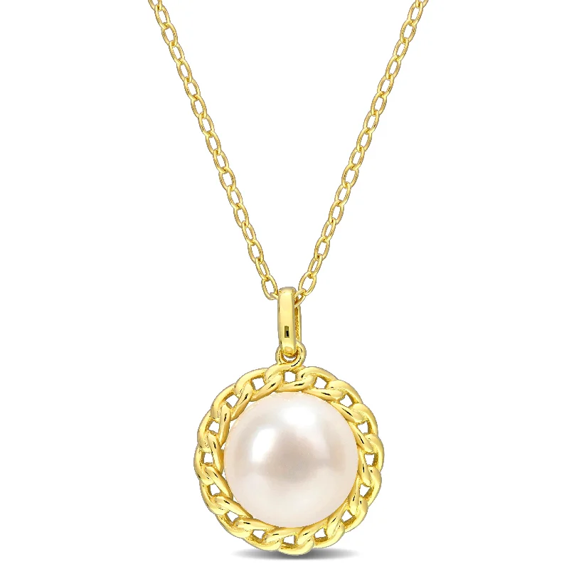 multi-stone pendant necklace for women -Miadora Cultured Freshwater Pearl Circular Necklace in Yellow Plated Sterling Silver (9-9.5mm)