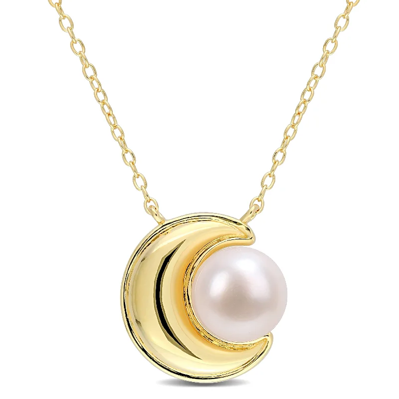 personalized initial pendant necklace for women -Miadora Cultured Freshwater Pearl Crescent Moon Necklace in Yellow Plated Sterling Silver (8-8.5mm)