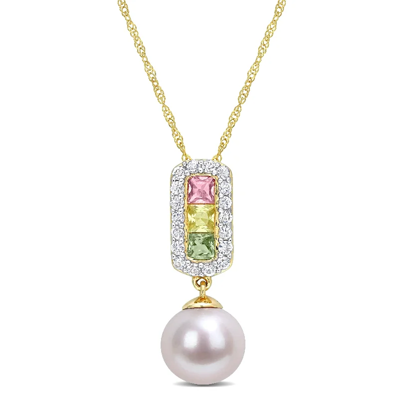 handmade charm necklace for women -Miadora Cultured Freshwater Pearl & Multi-Color Sapphire Drop Necklace in 14k Yellow Gold (8.5-9mm)