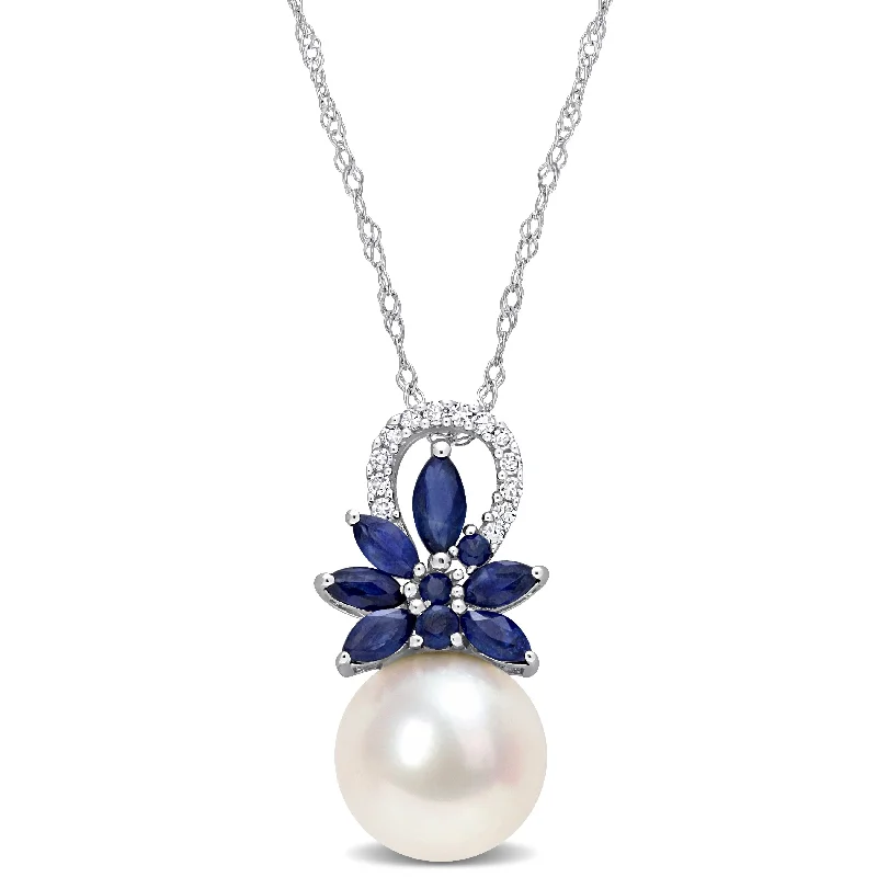 luxury gold pendant necklace for women -Miadora Diamond Accent and 4/5 CT TGW Sapphire and White Freshwater Cultured Pearl Pendant with Chain 14k White Gold