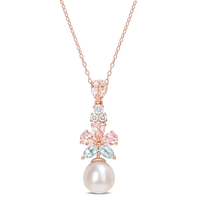 rose gold pendant necklace for layering -Miadora Morganite White Topaz Aquamarine and Freshwater Cultured Pearl Pendant with Chain Pink Silver 18KP Micron Plated