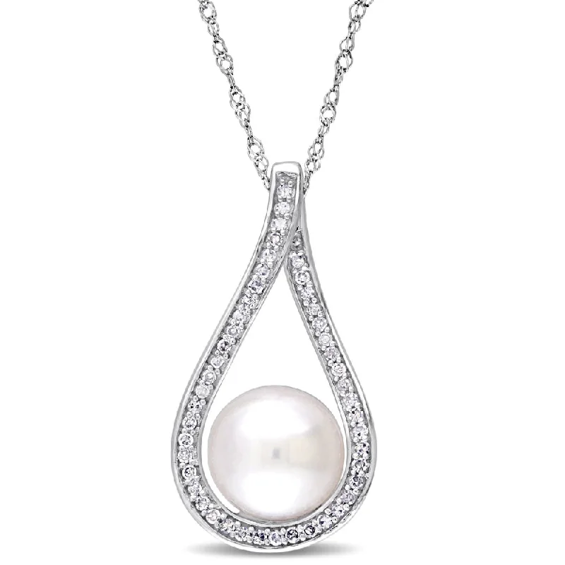 custom name necklace for gifts -Miadora Signature Collection 14k White Gold Cultured Freshwater Pearl and 1/5ct TDW Diamond Open Teardrop Necklace (8.5-9 mm)