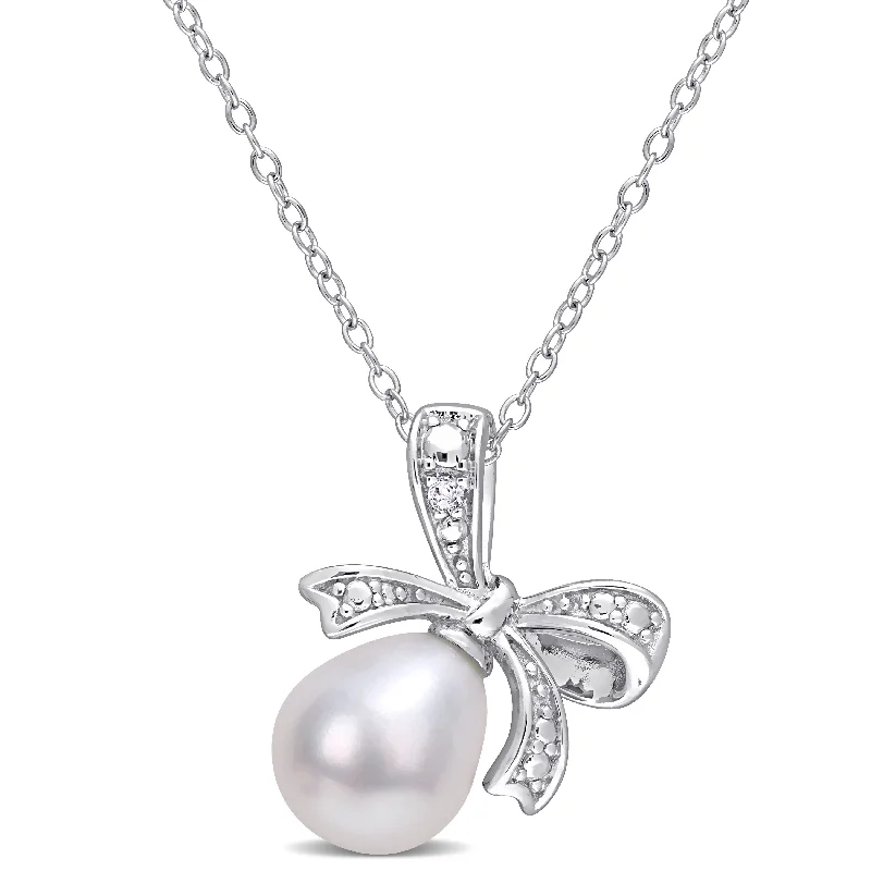 personalized charm bar necklace for women -Miadora Sterling Silver Cultured Freshwater Pearl & Diamond Accent Bow Necklace (8.5-9mm)