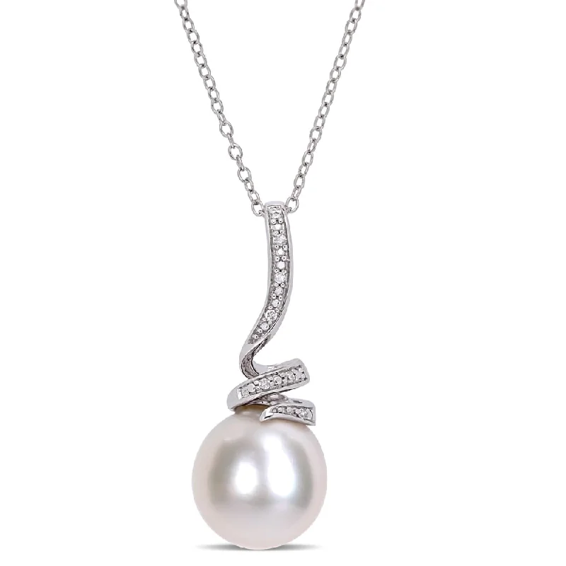 crystal pendant necklace for layering -Miadora Sterling Silver Cultured Freshwater Pearl Diamond Swirl Pearl Drop Necklace (11-12mm)