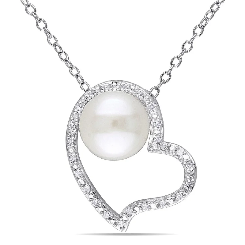 custom engraved heart pendant necklace -Miadora Sterling Silver Pearl and 1/10ct TDW Diamond Heart Necklace (H-I, I2-I3) (8-8.5 mm)