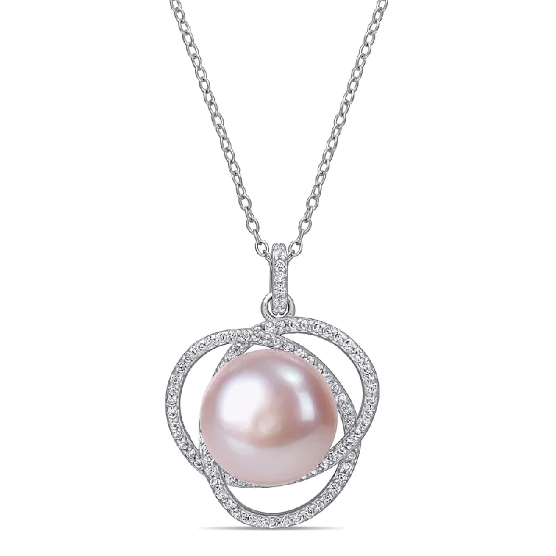 fashion statement necklace for women -Miadora Sterling Silver Pink Cultured FW Pearl Interlaced Halo Necklace (12-13 mm)