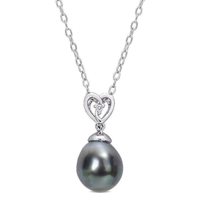 pearl pendant necklace for formal events -Miadora White Topaz and 8-9mm Black Tahitian Cultured Pearl Heart Pendant with Chain Silver