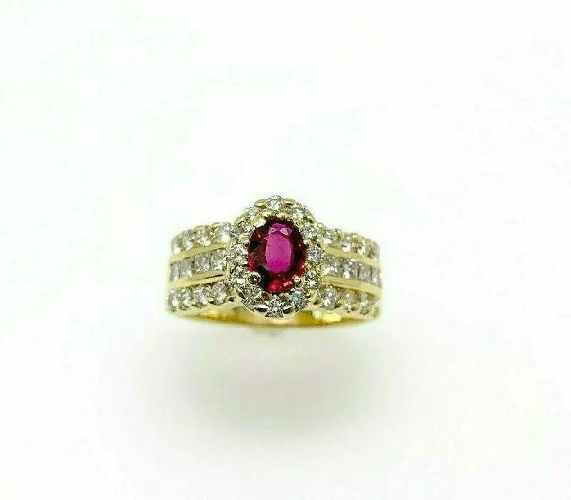 men’s leather ring for engagement -1.45 Carats t.w. Diamond and Oval Ruby Halo Engagement Ring 18K Yellow Gold