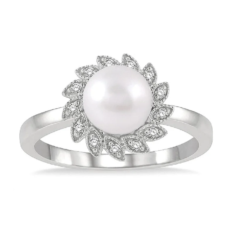 personalized stackable ring set -10K White Gold Sunflower Pearl And Diamond Ring