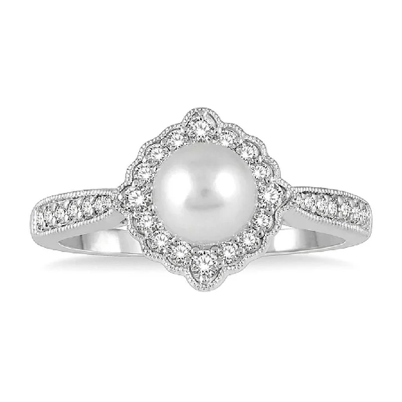 custom silver ring for couples -10K White Gold Vintage Inspired Pearl And Diamond Fashion Ring