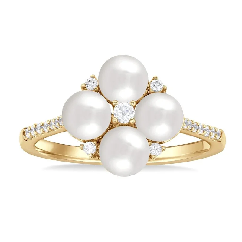 gold engagement ring for women -10K Yellow Gold Pearl And Diamond Flower Ring