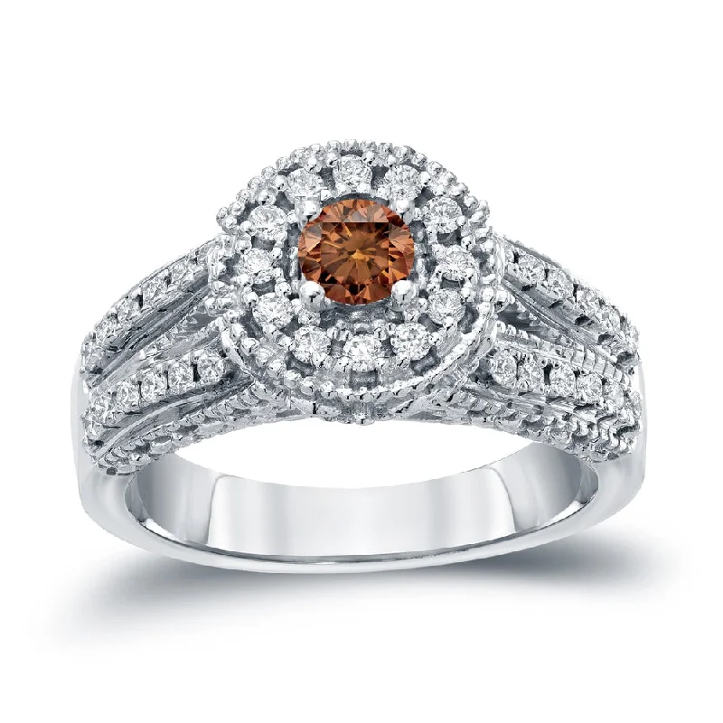 wedding band with custom engraving -14k Gold Round 3/4ct TDW Brown Diamond with Halo Engagement Ring by Auriya