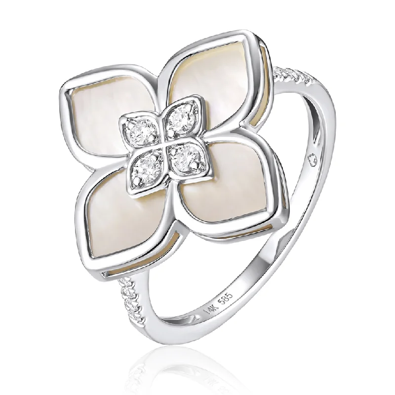 luxury wedding ring for women -14K White Gold Mother Of Pearl And Diamond Flower Ring