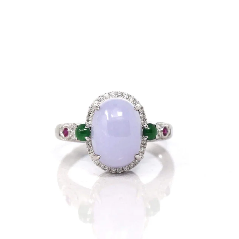 designer engagement ring for women -14k White Gold Natural Rich Lavender Oval Jadeite Jade Engagement Ring With Diamonds