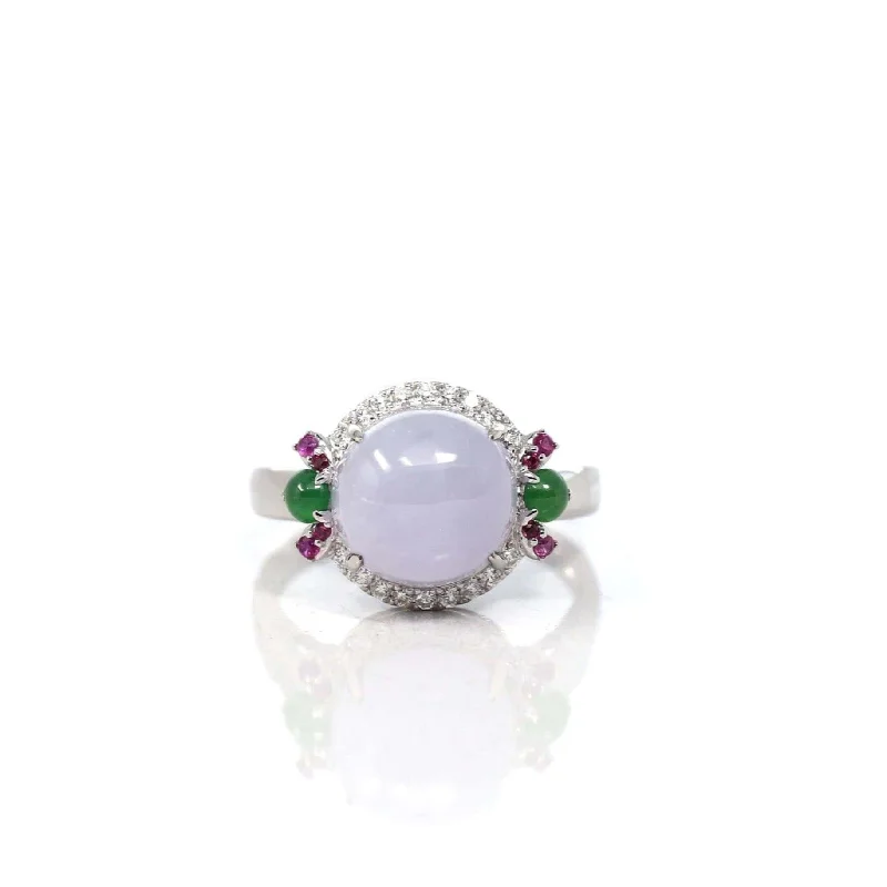 classic diamond ring for women -14k White Gold Natural Rich Lavender Oval Jadeite Jade Engagement Ring With Diamonds