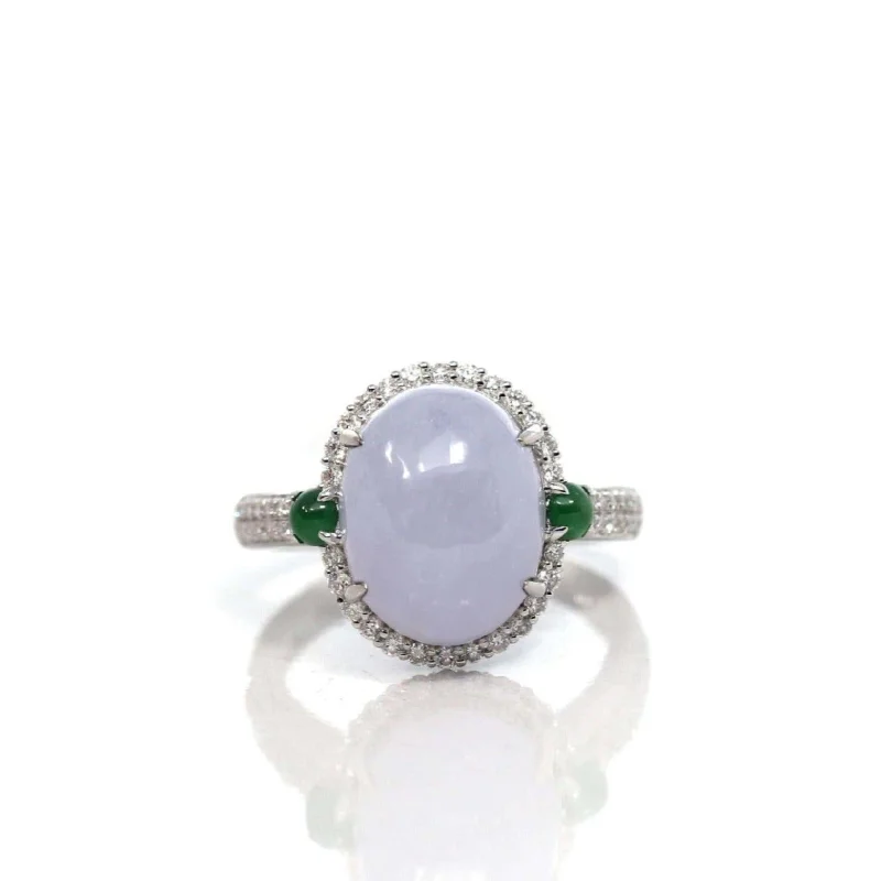 vintage wedding band for women -14k White Gold Natural Rich Lavender Oval Jadeite Jade Engagement Ring With Diamonds