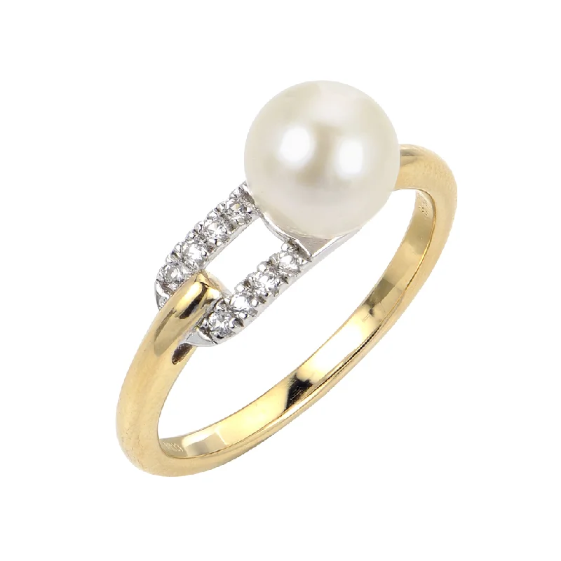 promise ring with engraving for couples -14K Yellow And White Gold Pearl And Diamond Fashion Ring