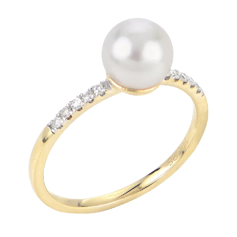 eternity gemstone ring for women -14K Yellow Gold Classic Pearl And Diamond Ring