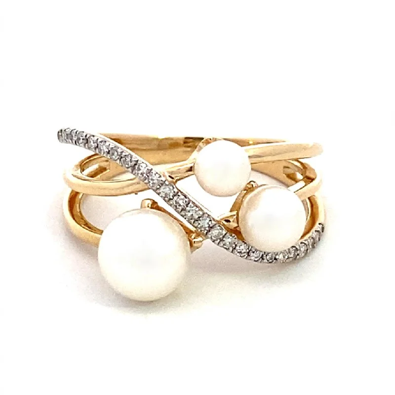 men’s leather ring for engagement -14K Yellow Gold Pearl And Diamond Twisted Ring