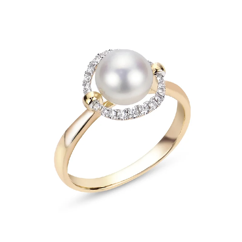 engraved promise ring for couples -14K Yellow Gold Pearl Halo Ring