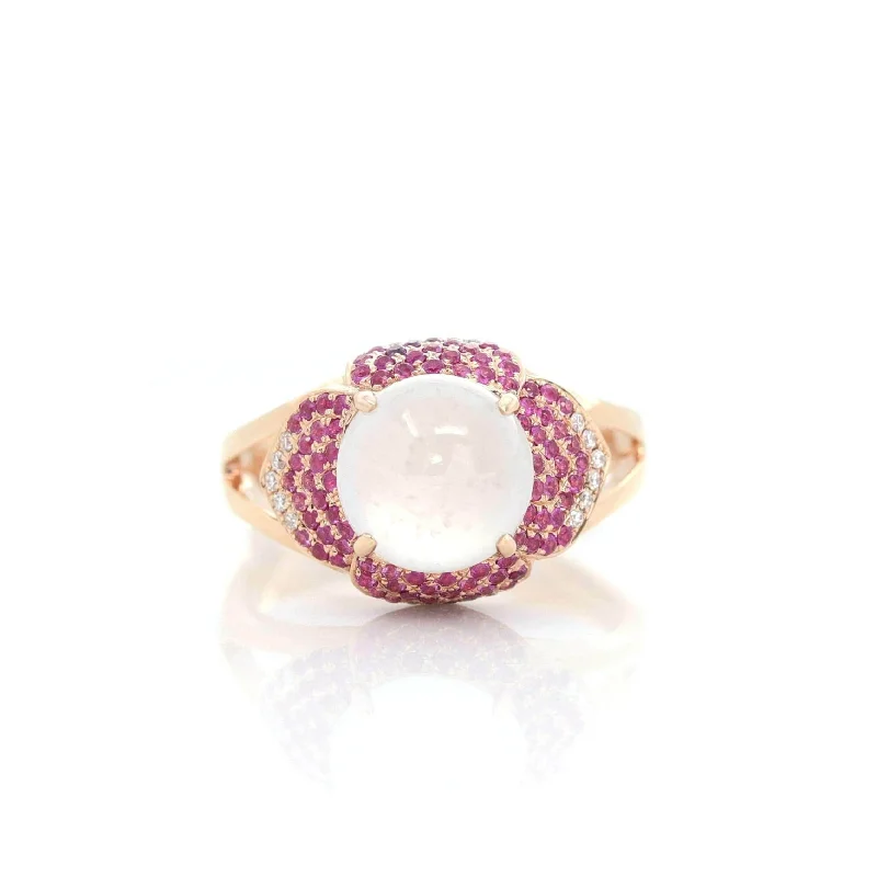 men’s platinum ring for engagement -18k Rose Gold Natural Ice Jadeite Engagement Ring With Diamonds and Ruby