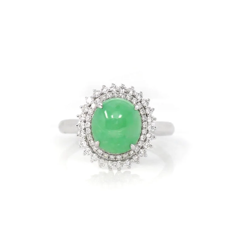 unique gemstone engagement ring -18k White Gold Natural Imperial Green Jadeite Jade Engagement Ring With Diamonds