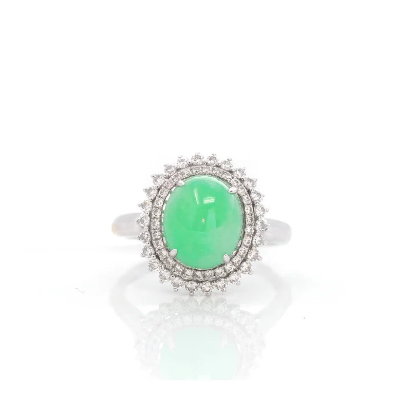 three-stone engagement ring for women -18k White Gold Natural Imperial Green Jadeite Engagement Ring With Diamonds