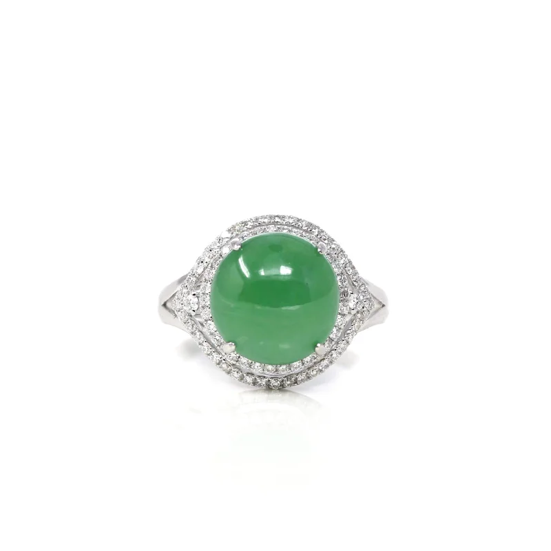 unique gemstone engagement ring -18k White Gold Natural Imperial Green Oval Jadeite Jade Engagement Ring With Diamonds