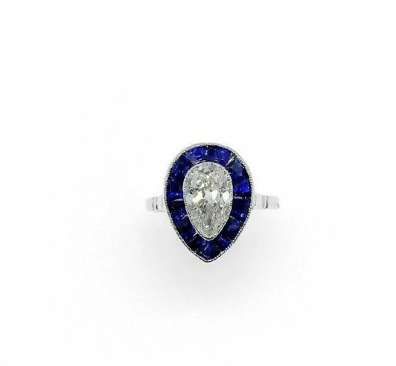 silver diamond engagement ring -2.10 Carats Antique Pear and Blue Sapphire Engagement Ring 0.90 Carats Platinum