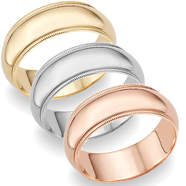 men’s wedding ring with engraving -5mm Milgrain Plain High Polished Dome Wedding Band 10k White, Yellow, Rose Gold