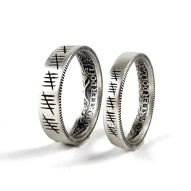 luxury wedding ring for women -90% Silver Engraved 25 Tally Mark His & Hers Quarter Ring Set - 25th Anniversary Gift