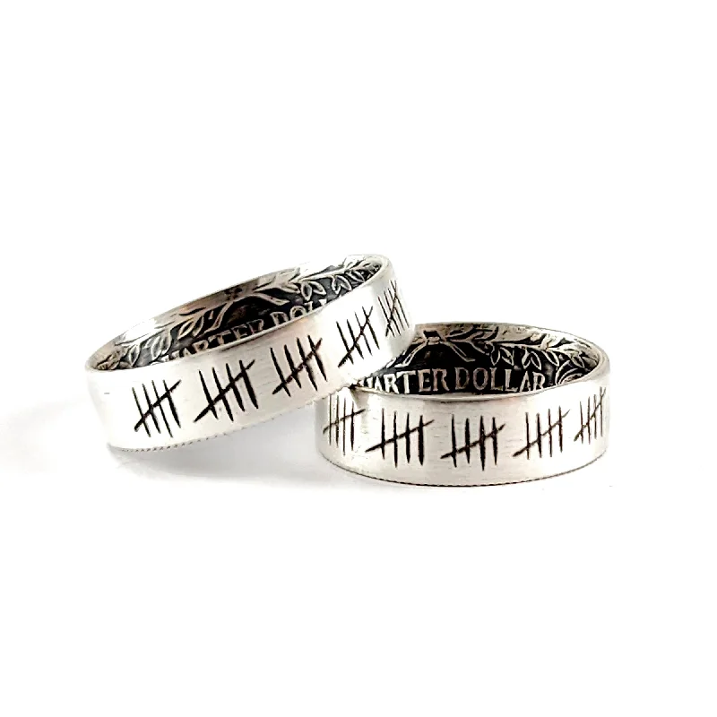 men’s platinum ring for engagement -90% Silver Engraved 25 Tally Mark Quarter Ring Set - 25th Anniversary Gift