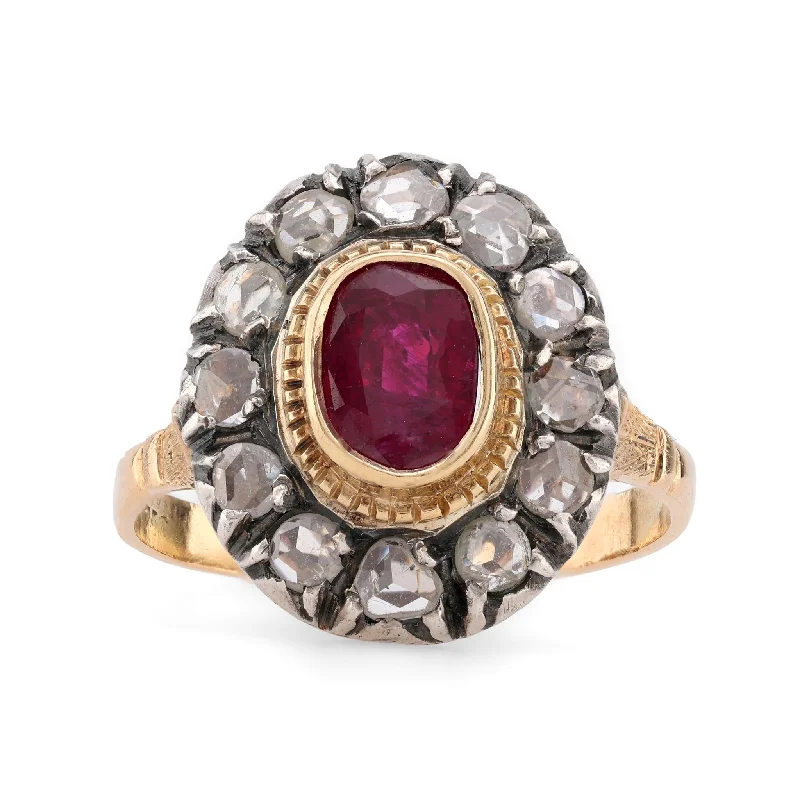 yellow gold engagement ring for women -Antique 1.3 Carat No Heat Ruby Diamond 18K Yellow Gold Silver Cluster Ring