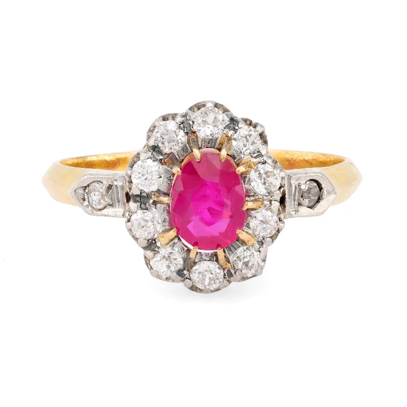 custom ring with birthstone for women -Antique French Ruby Diamond 18K Yellow Gold Cluster Ring