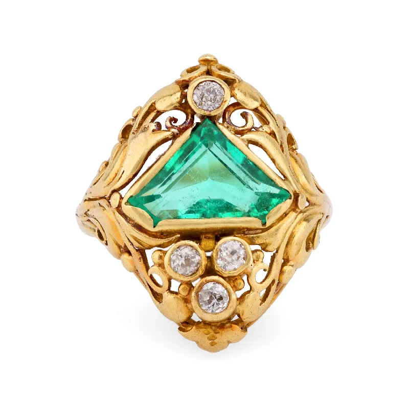 cushion cut engagement ring for women -Antique GIA 1.95 Carat Shield Cut Emerald Diamond 18K Yellow Gold Scroll Ring