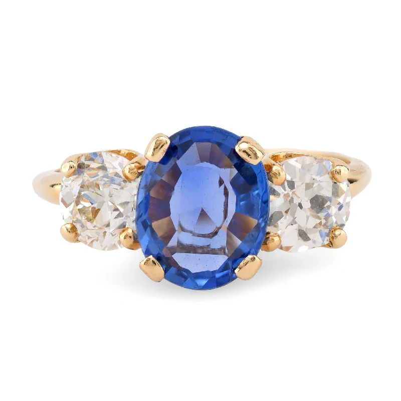 sapphire wedding ring for women -Antique GIA 2.04 Carat No Heat Sapphire Diamond 18K Yellow Gold Three Stone Ring