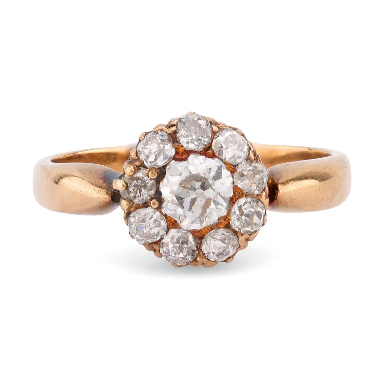 bold statement engagement ring -Antique Old Mine Cut Diamond 14K Yellow Gold Cluster Ring