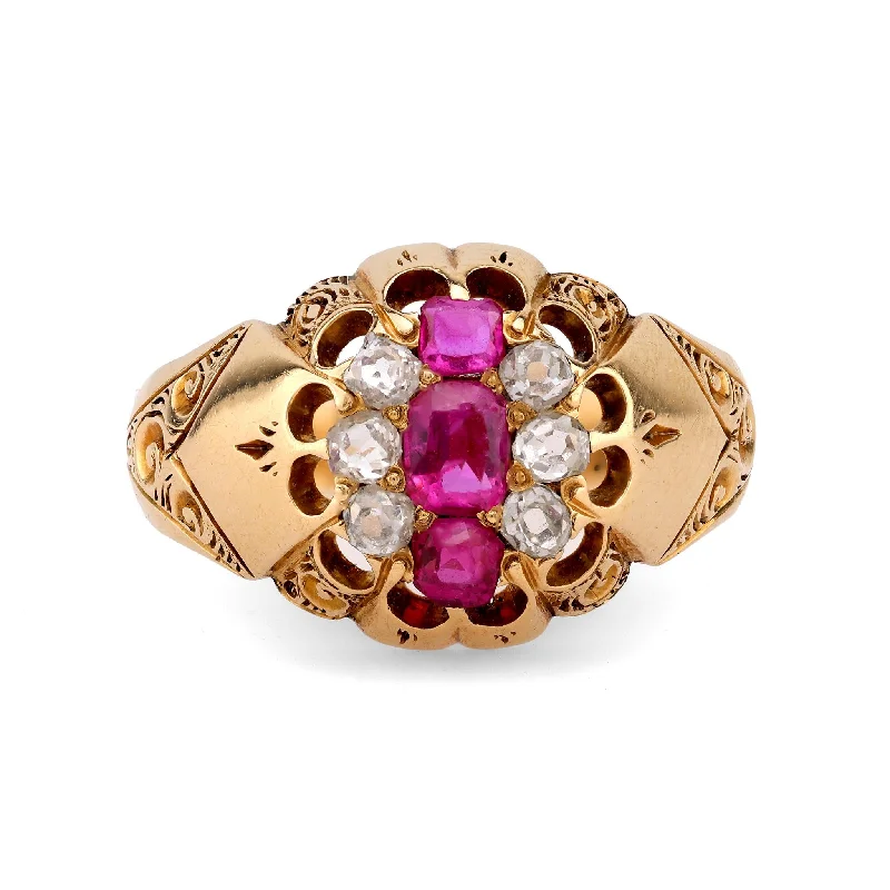 large gemstone ring for women -Antique ruby diamond 18k yellow gold ring