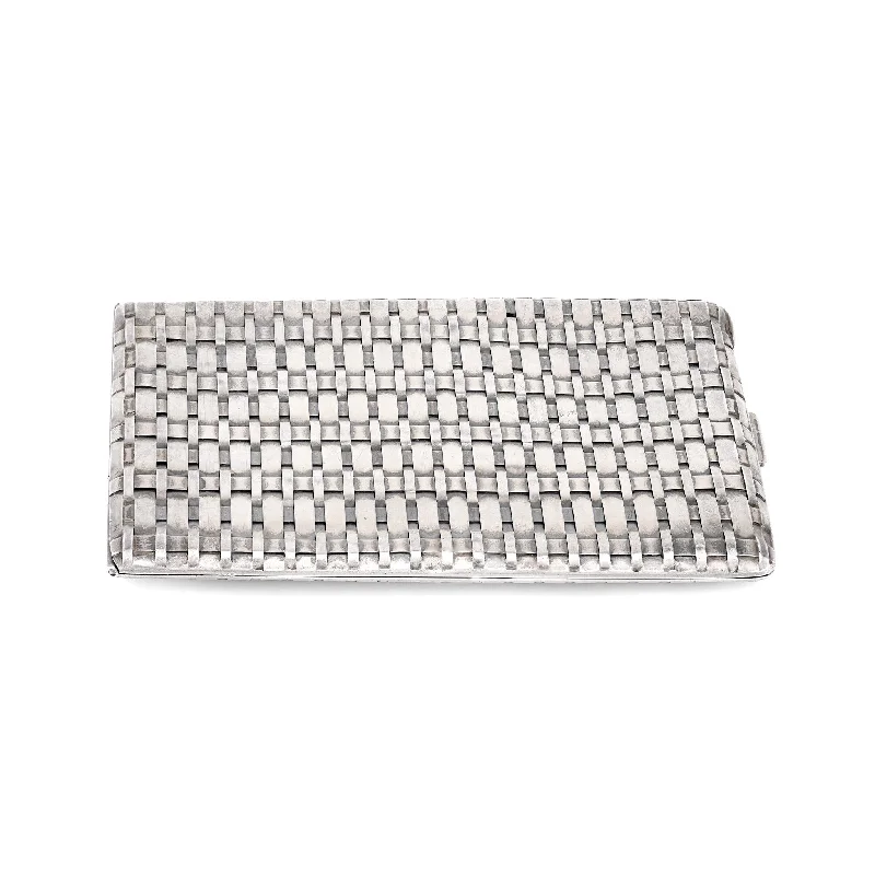 wedding ring with engraved initials -Art Deco Cartier silver weave pattern cigarette case