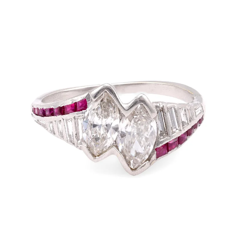 rose gold eternity band for women -Art Deco Diamond Ruby Platinum Two Stone Ring